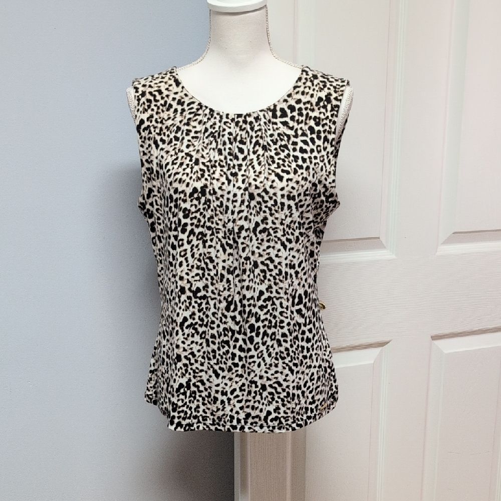 Calvin Klein Black and Cream Animal Print Blouse Size L